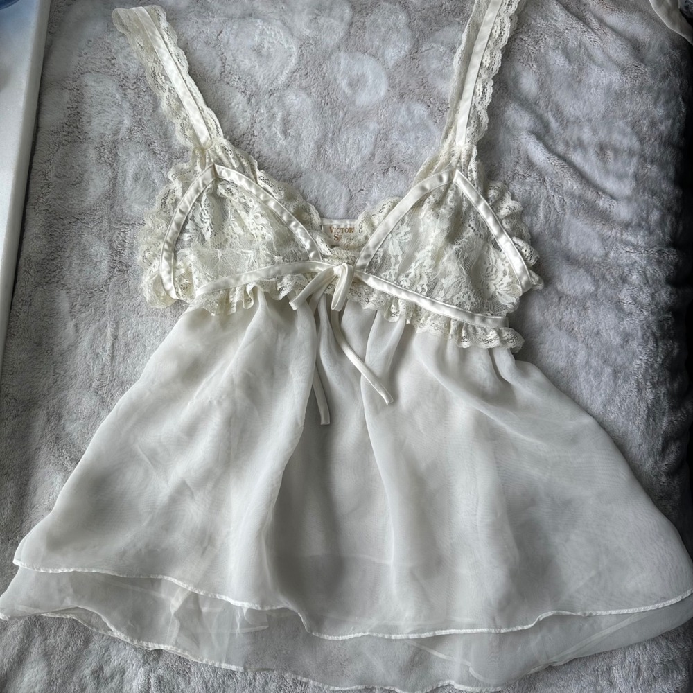 Angelic White Lace VTG Babydoll Camisole Tank Top Bows Frilly